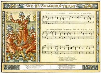 &39;We Be Soldiers Three&39;, ilustração da música de &39;Pan-Pipes&39;, um livro de canções antigas, recém-arranjado e com acompanhamentos de Theo. Marzials, publicado em Londres por George Routledge und Sons, 1884 (cor